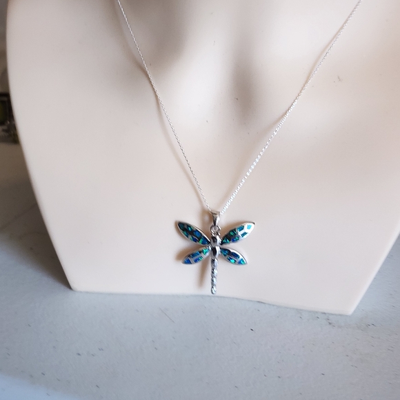 Blue Opal Sterling Silver Dragonfly Pendant Anf  Necklace Fine Jewelry Bug - Picture 9 of 9
